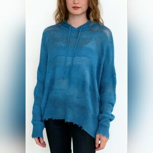 Elan Blue Distressed Knit Hoodie Sweater Women’s Size Medium – Boho Oversized